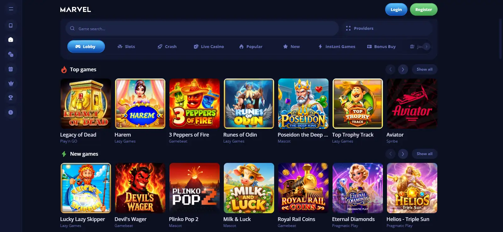 Marvel Casino official homepage interface