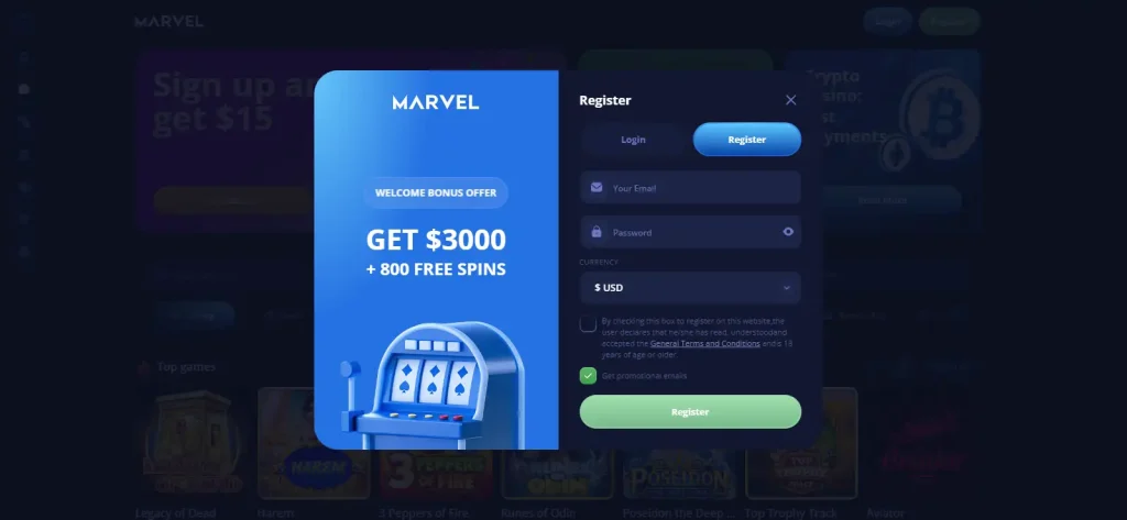 Current Marvel Casino official registration or account interface
