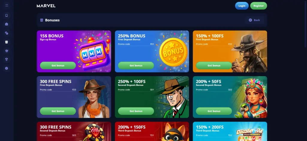 Marvel Casino current promotions page with deposit and free-spin cards