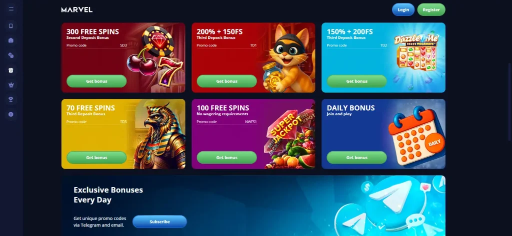 Marvel Casino current promotions page showing the current promotion cards