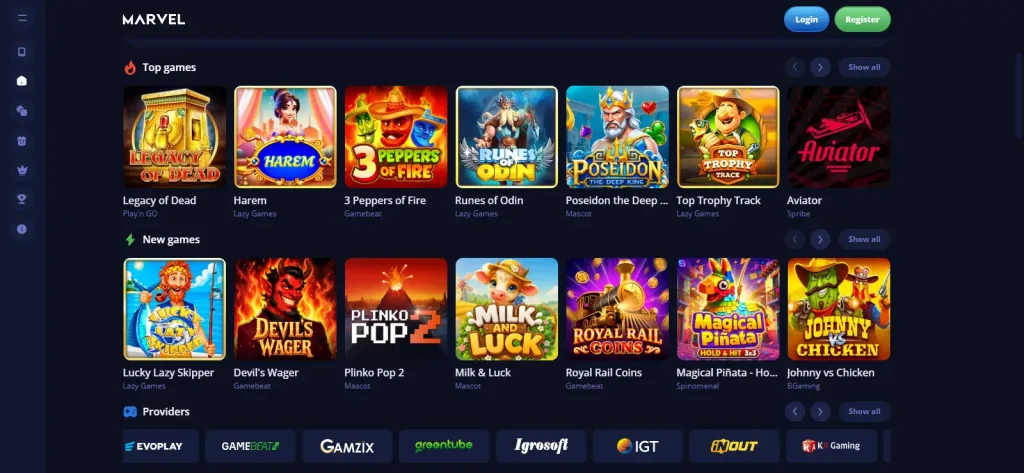 Marvel Casino game lobby and provider navigation
