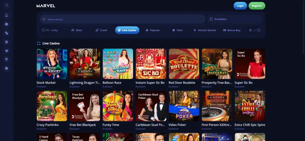 Marvel Casino live-casino lobby with live-dealer categories and provider branding