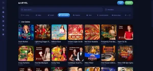 Marvel Casino live-casino lobby with live-dealer categories and provider branding