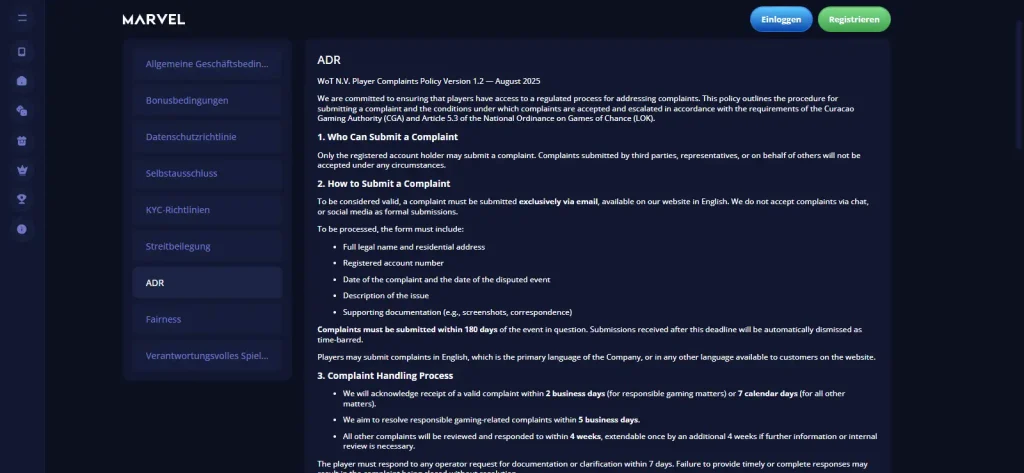 Marvel Casino official complaints policy and ADR escalation route