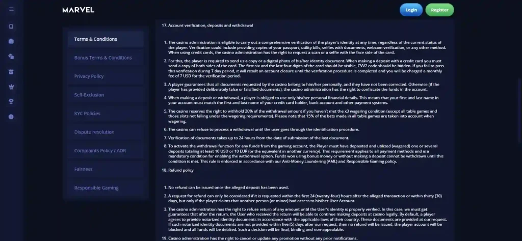 Marvel Casino official Terms section covering identity verification requirements