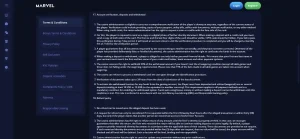 Marvel Casino official Terms section covering identity verification requirements