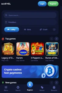 Marvel Casino official website at a mobile viewport with browser navigation and Install prompt