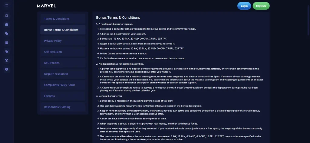 Official Marvel Casino bonus terms showing the AUD sign-up no-deposit amount